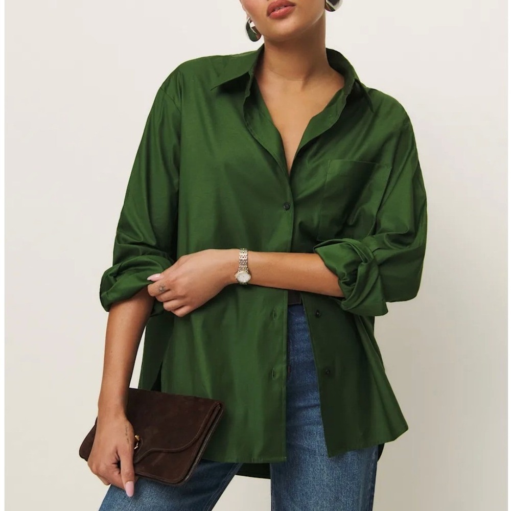 Reformation Will Oversized Shirt Small Grass Green Organic Cotton Minimalist
